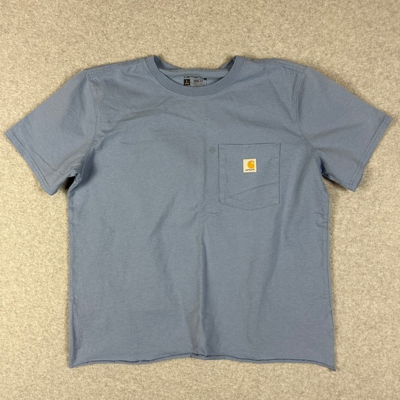 Carhartt Women's Loose Fit T Shirt Blue Pocket Tee Size L ** Cropped ** - Picture 2 of 8